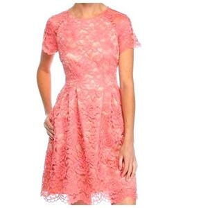 VINCE CAMUTO Womens 10 Pink Lace Fit Flare Short Sleeve Lined Midi Dress Pockets